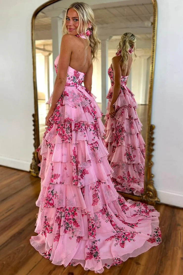 TingPo Wholesale Elegant Cute Sheath Halter Floral Printed Chiffon Tiered Prom Dress with Slit